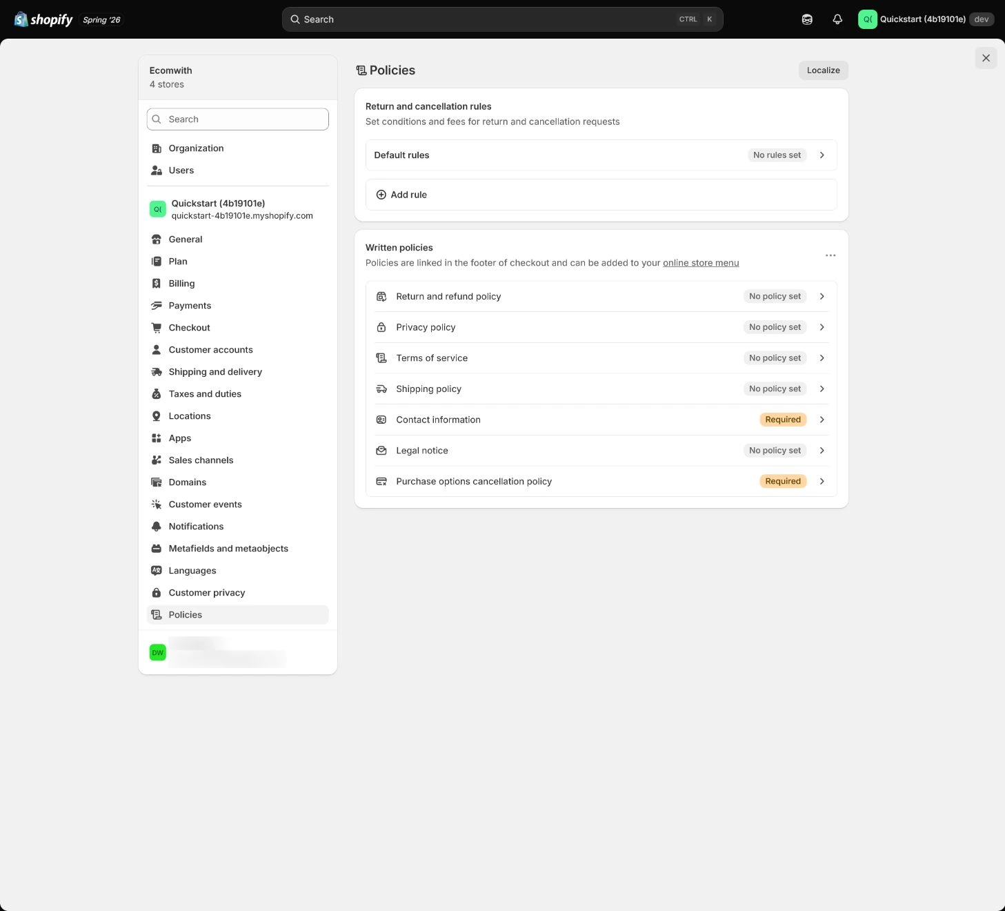 Shopify Footer policy links and brand consistency review.