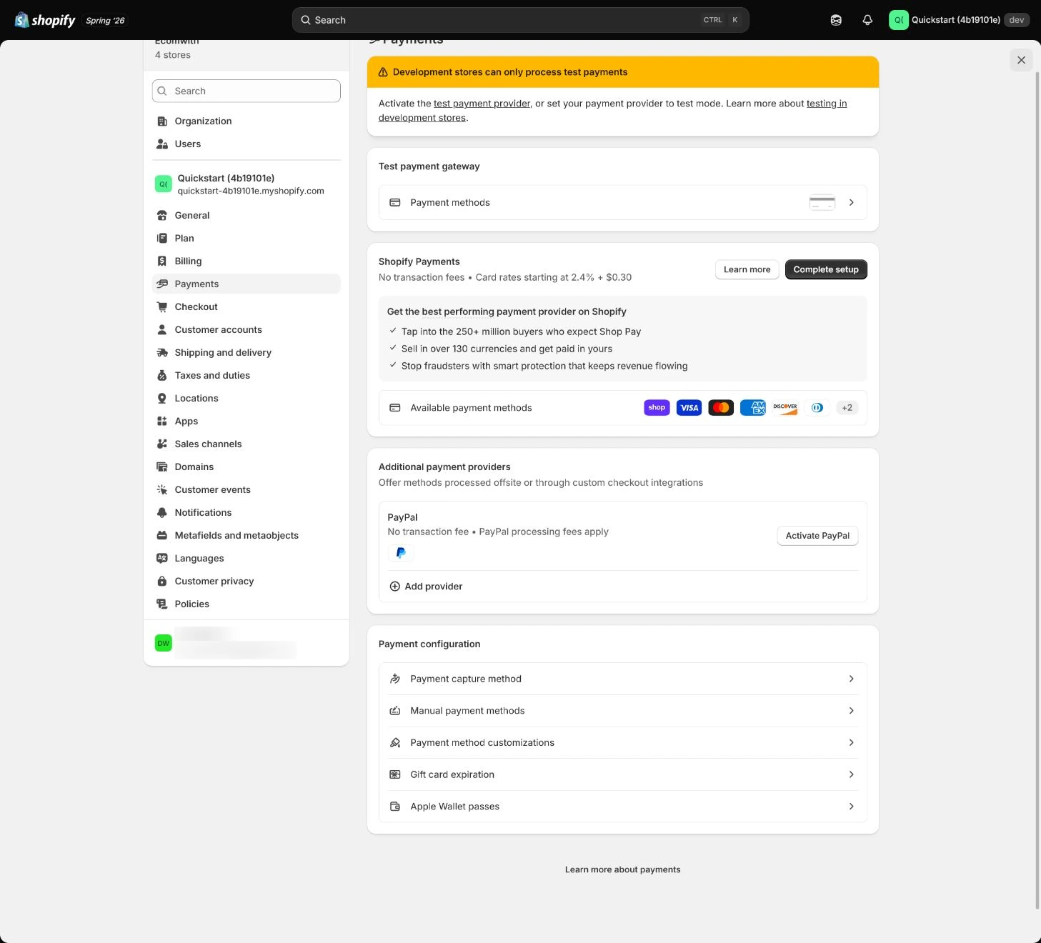 Shopify Payments activation and verification details.