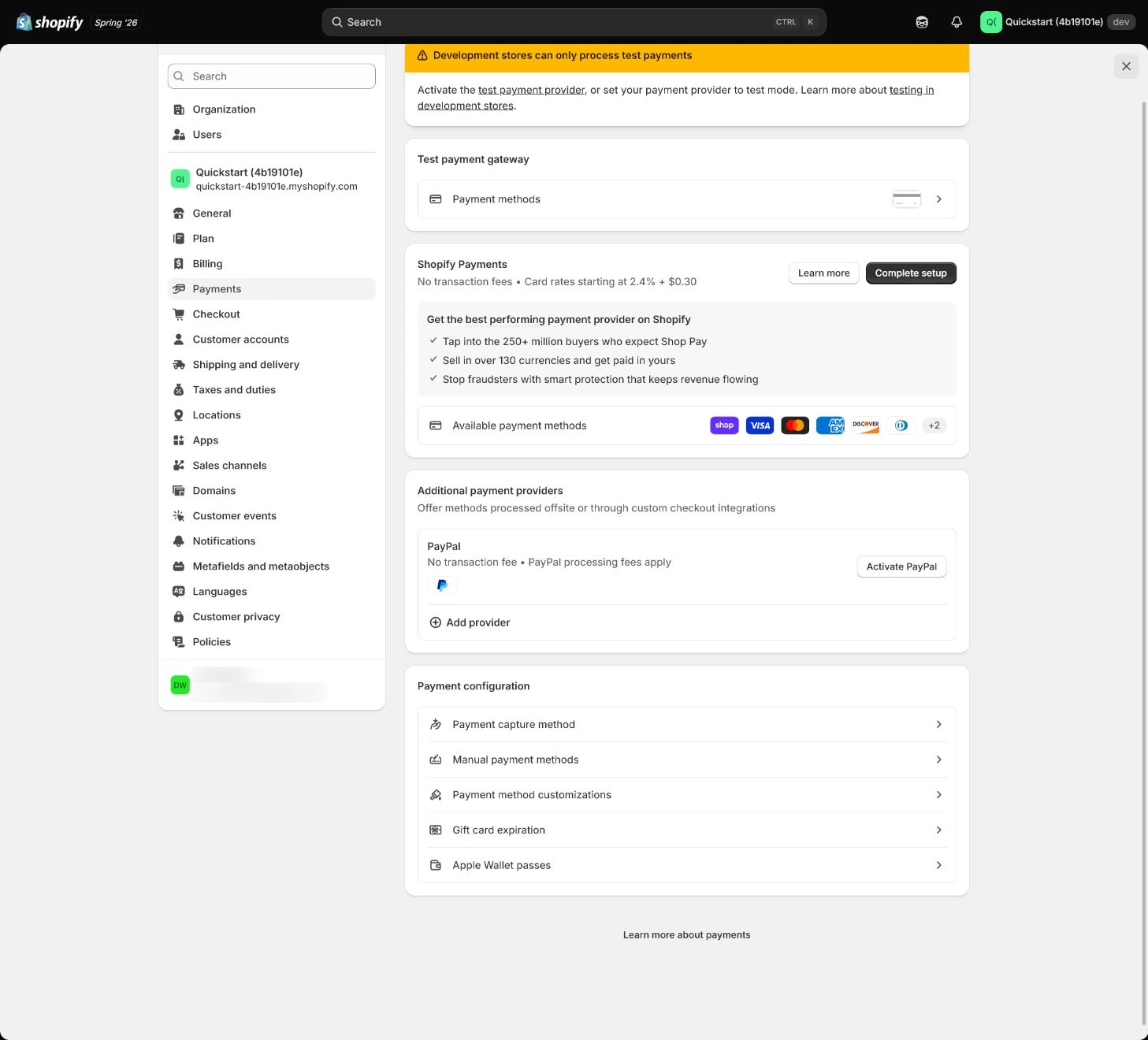 Shopify Payouts bank-account and payout settings.