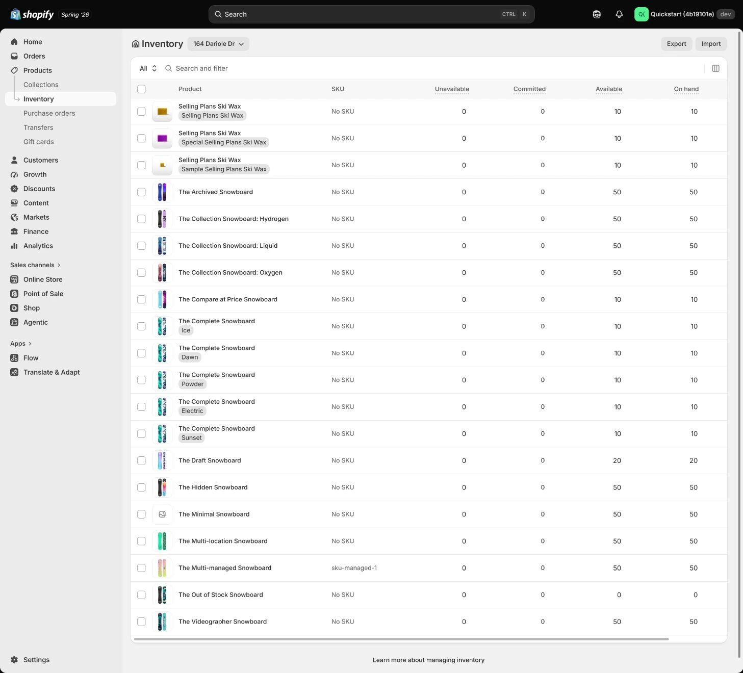 Shopify Inventory variant and Location quantities.