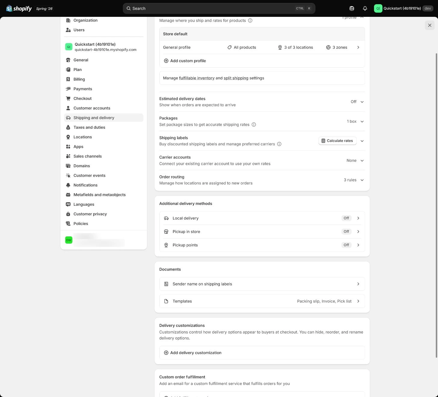 Shopify Shipping and delivery General shipping profile.