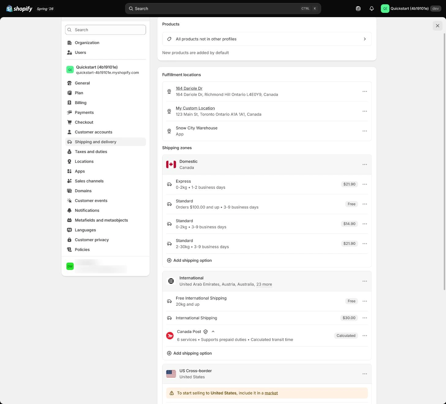 Shopify Shipping zone and standard-rate settings.