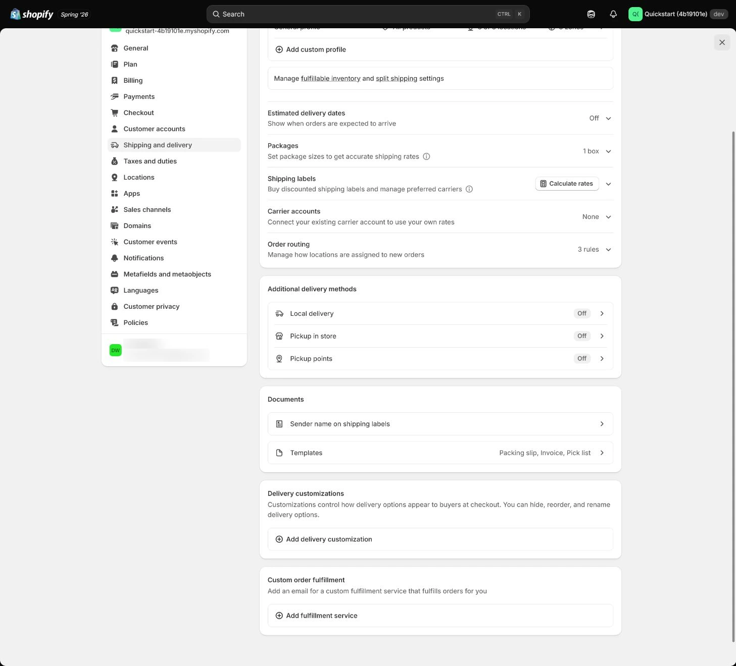 Shopify storefront address and cart shipping-test record.