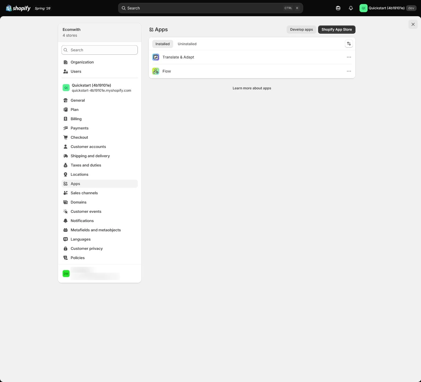 Shopify admin Apps and sales channels area used to check app, permission, product-channel, and custom-app boundaries.