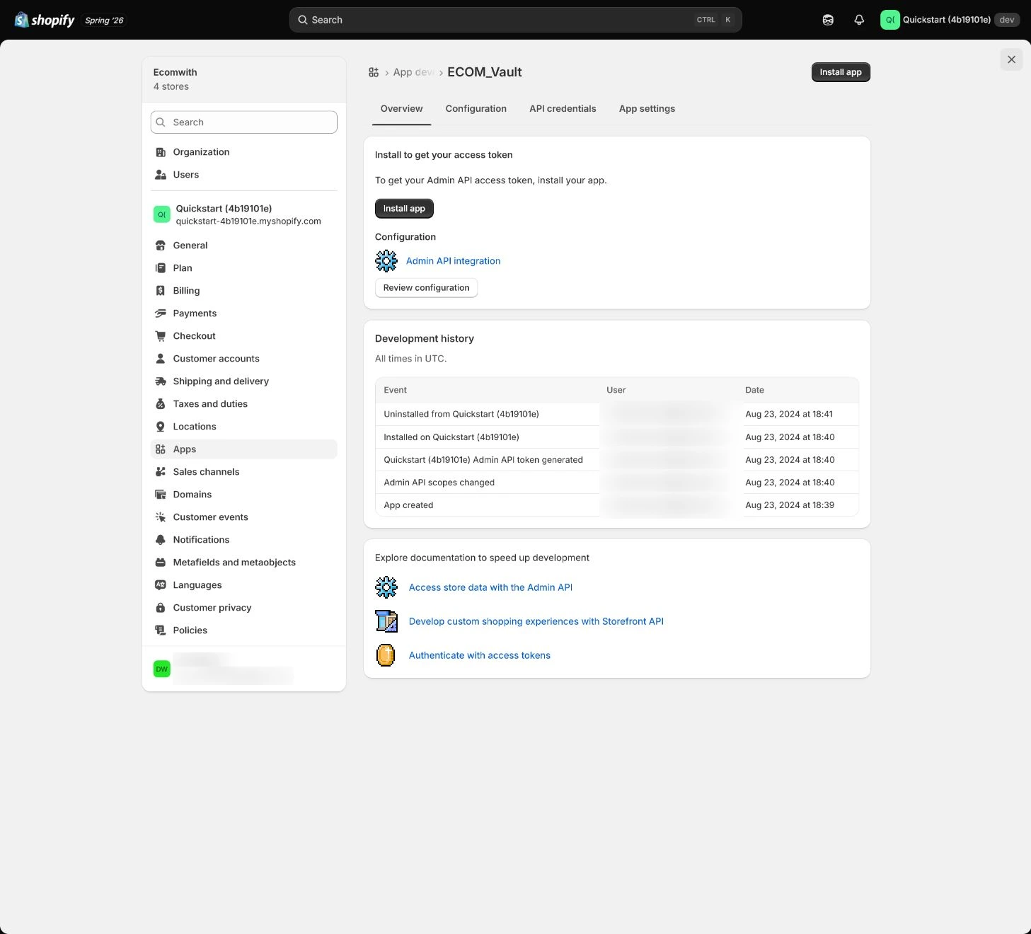Shopify admin App install permissions area used to review data access scope field by field.