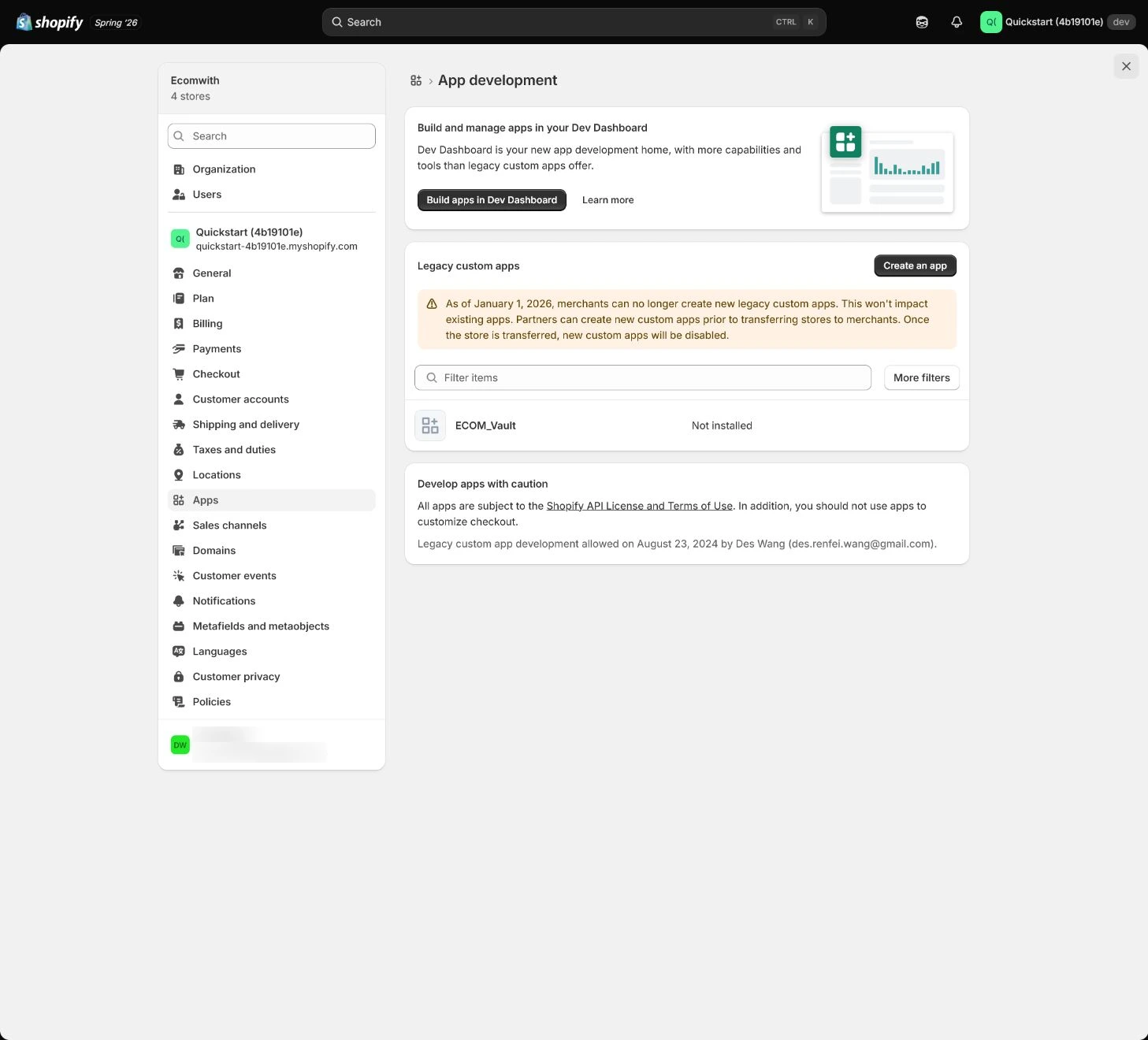 Shopify Dev Dashboard custom-app area used to check the current creation path and token-protection boundary.