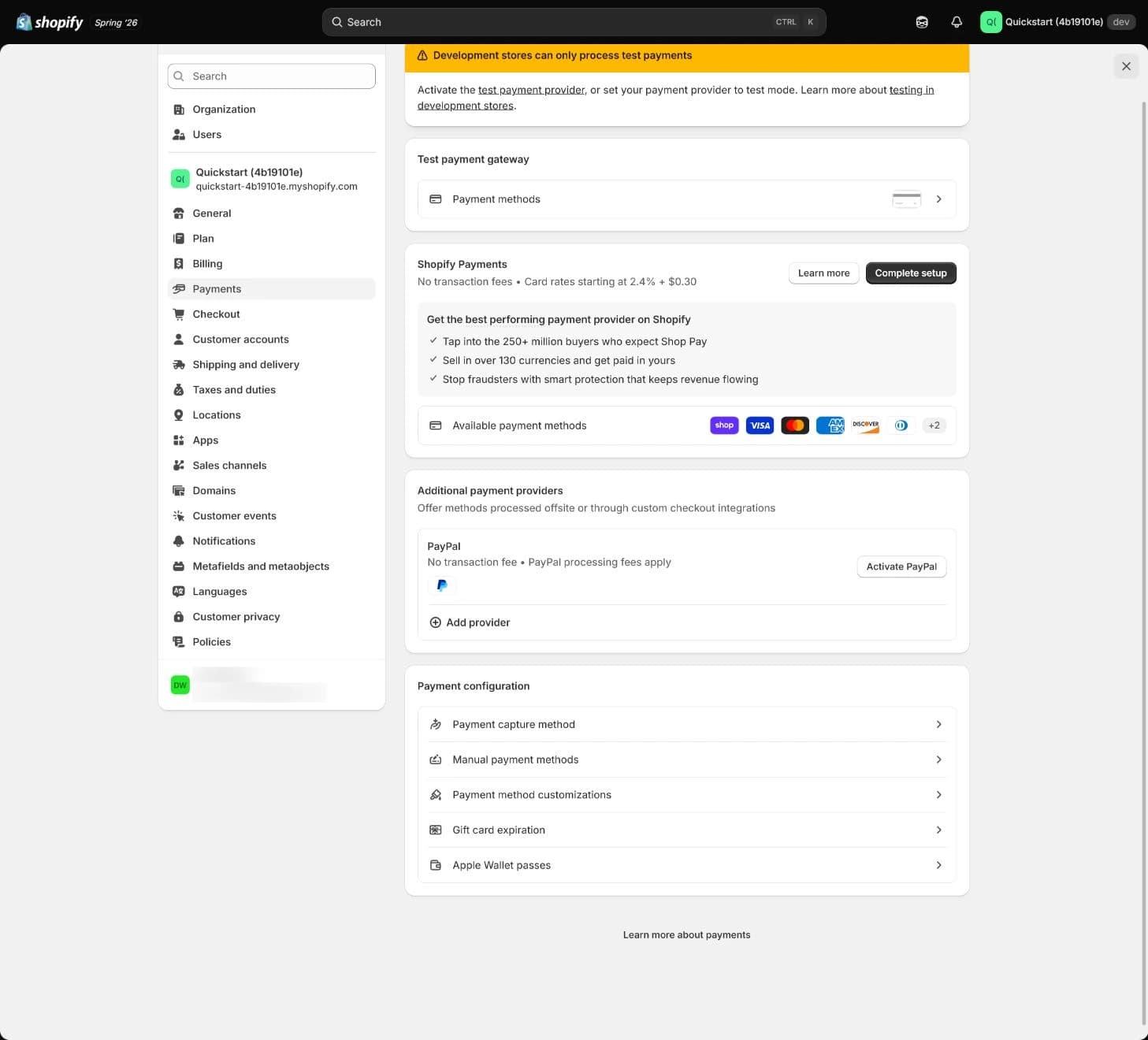 Historical development-store Payments page with test guidance and Payment configuration but no bank details or test-mode toggle