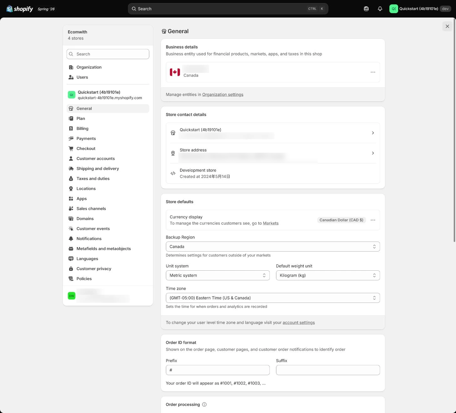 Shopify General legal name and billing information.