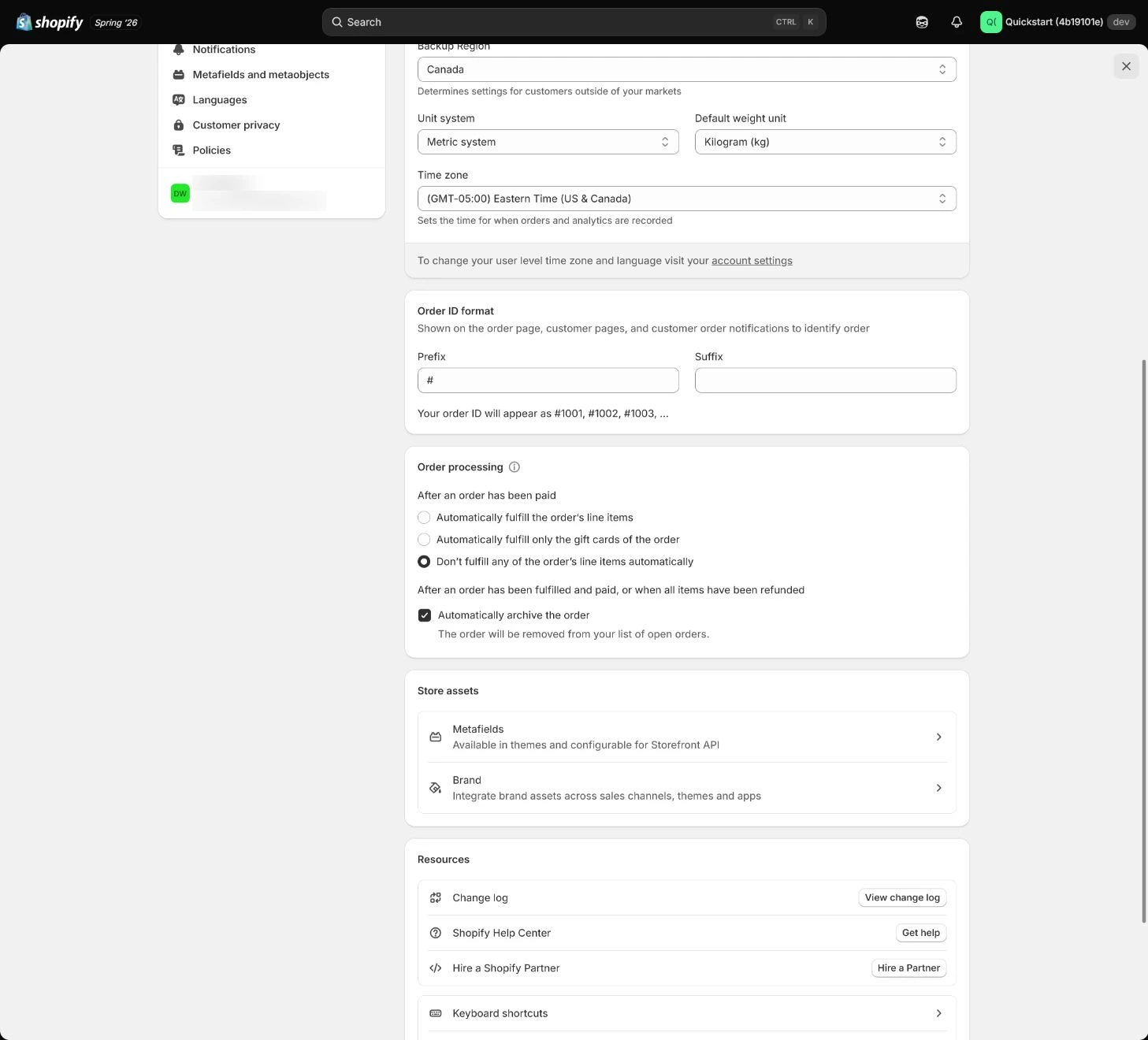 Shopify General timezone, units, and store currency settings.