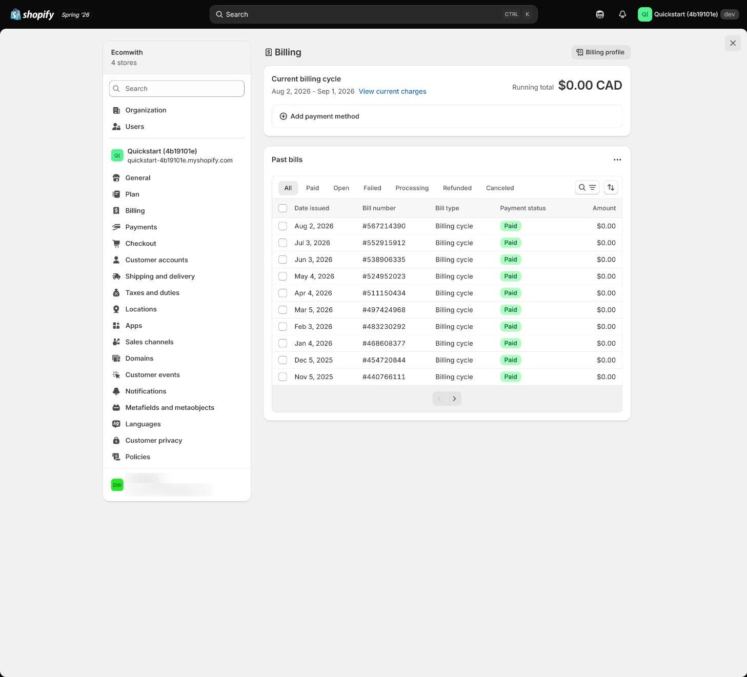 Shopify Billing profile and billing contact.