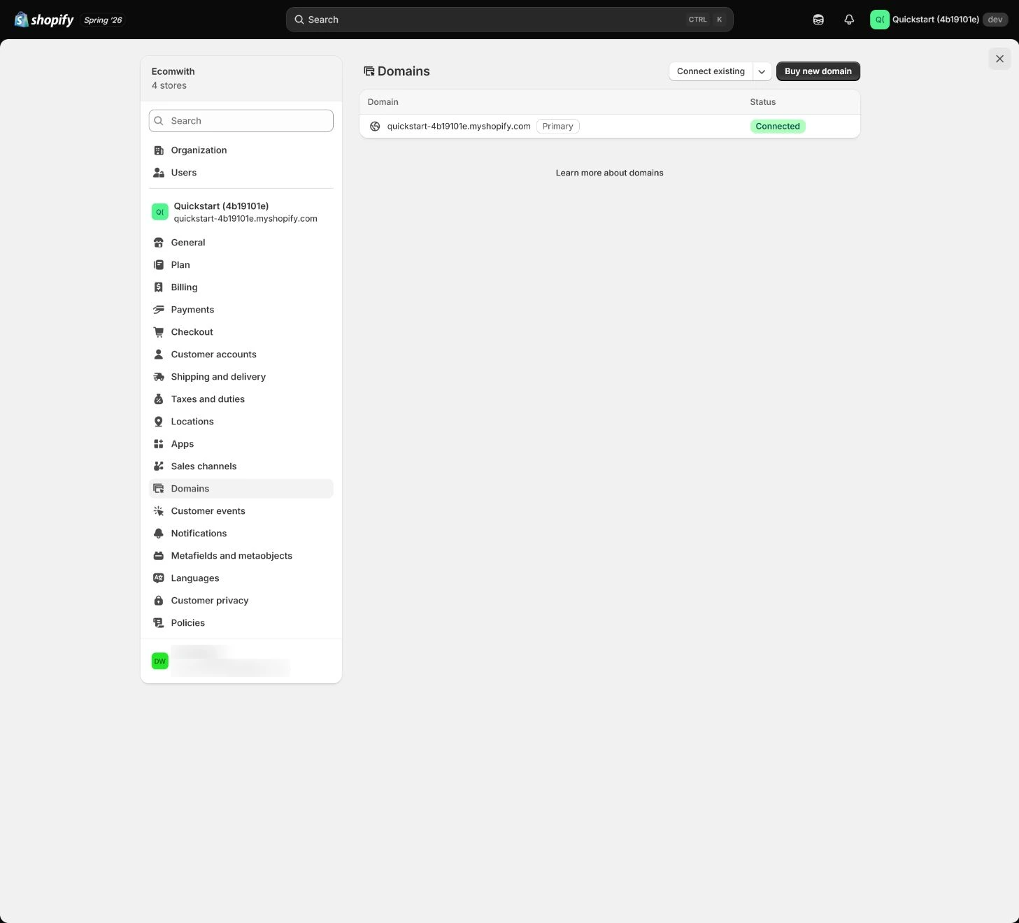 Shopify Domains connection settings.