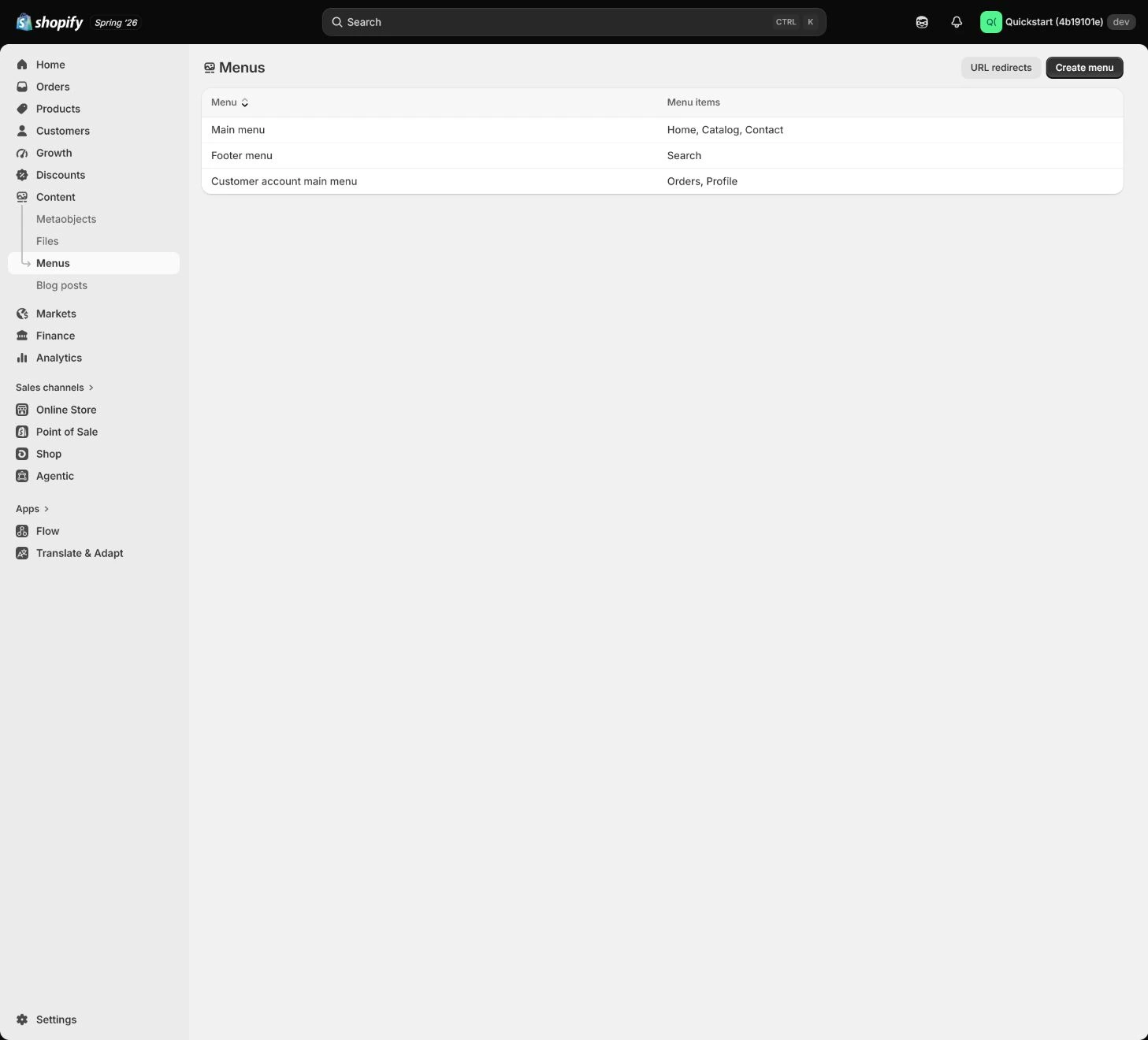 Shopify Content Menus primary-navigation editor.