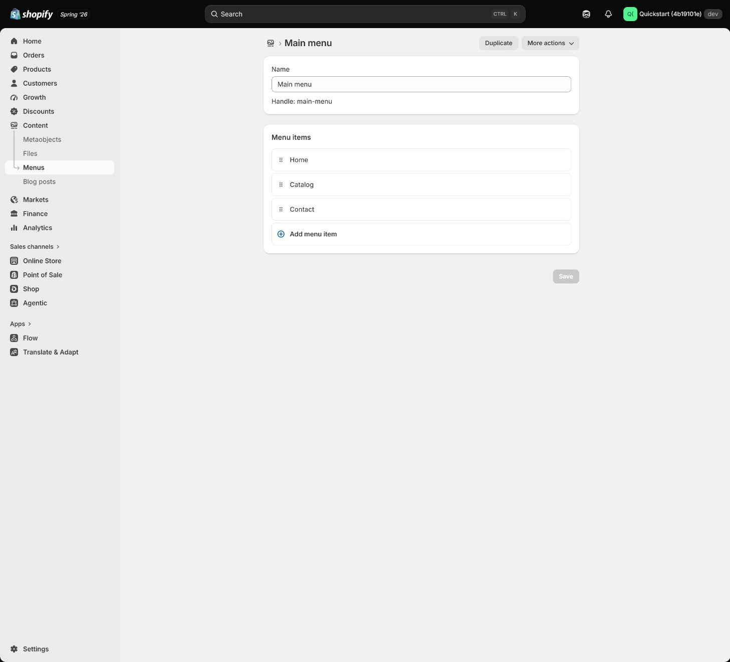 Shopify Footer and Customer menus settings.