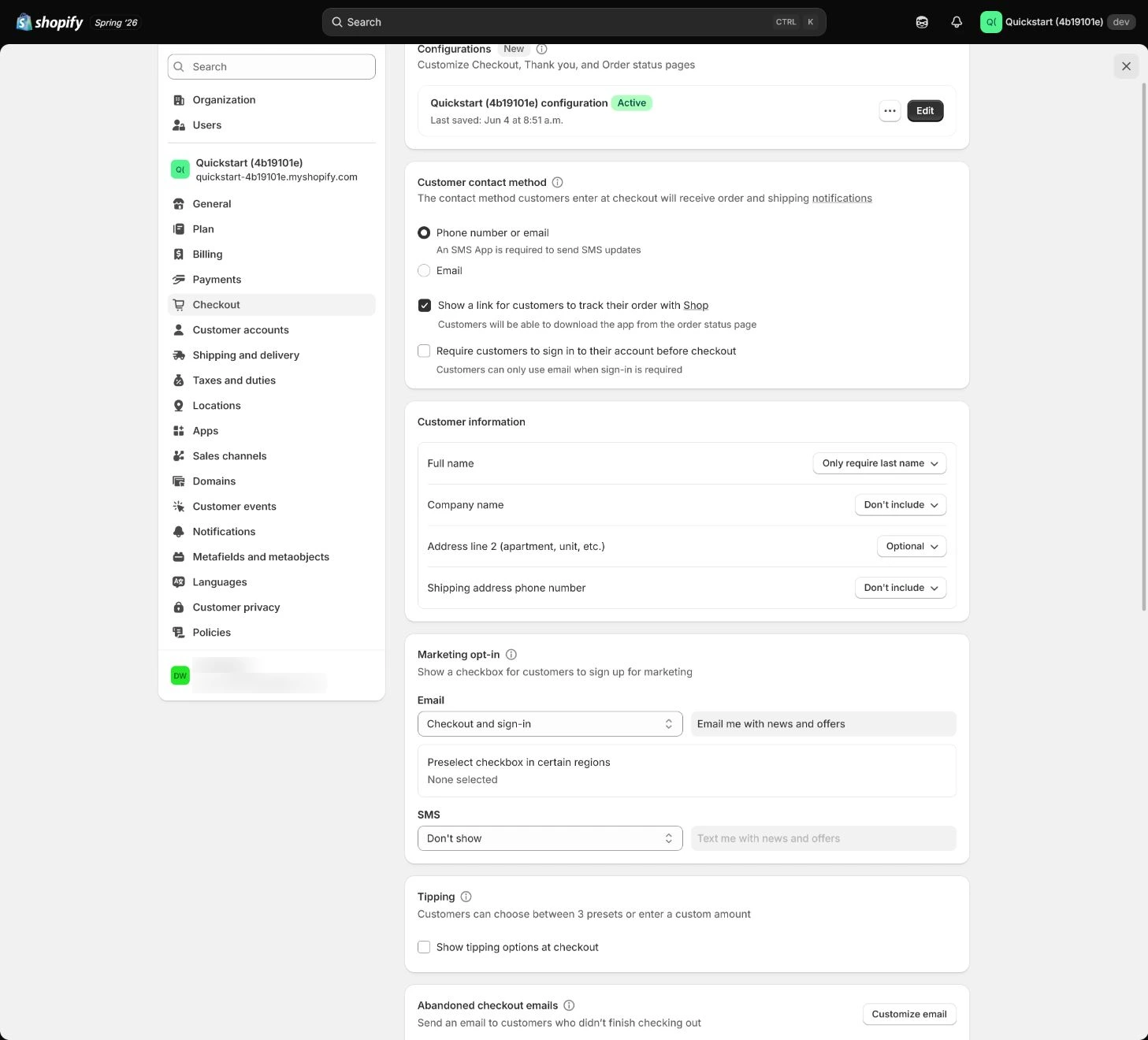 Shopify Checkout customer-contact settings.