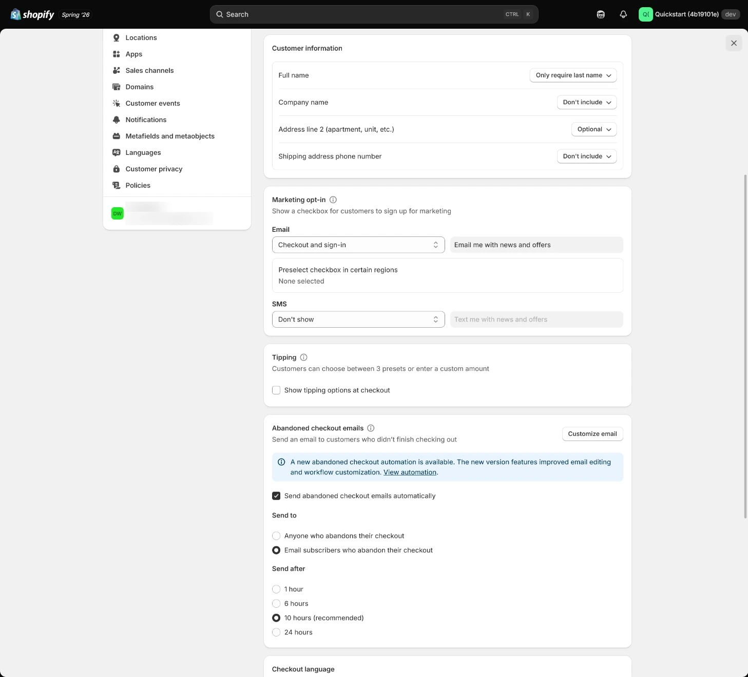 Shopify Checkout customer-information fields.