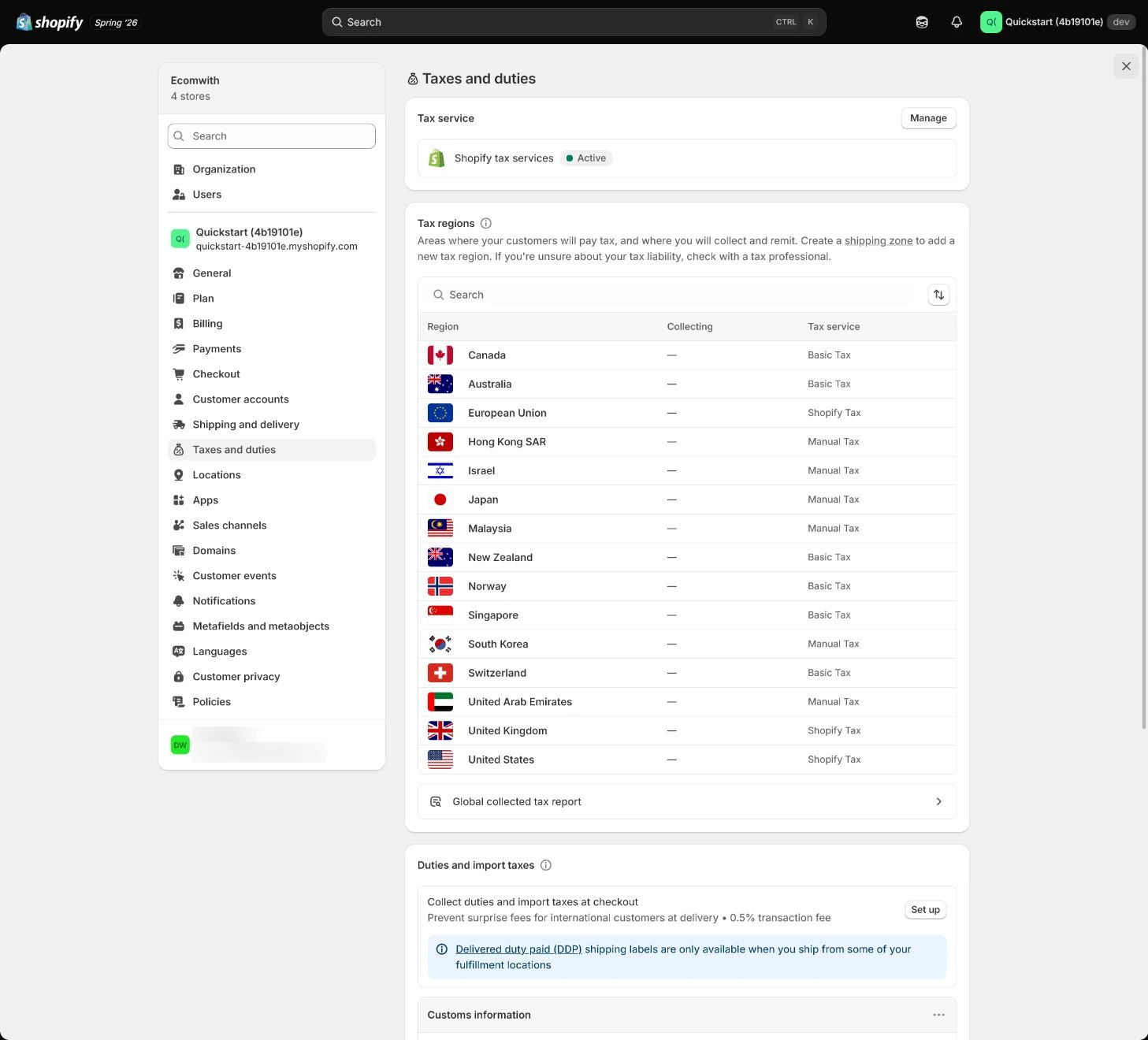Shopify Taxes and duties current tax-service settings.