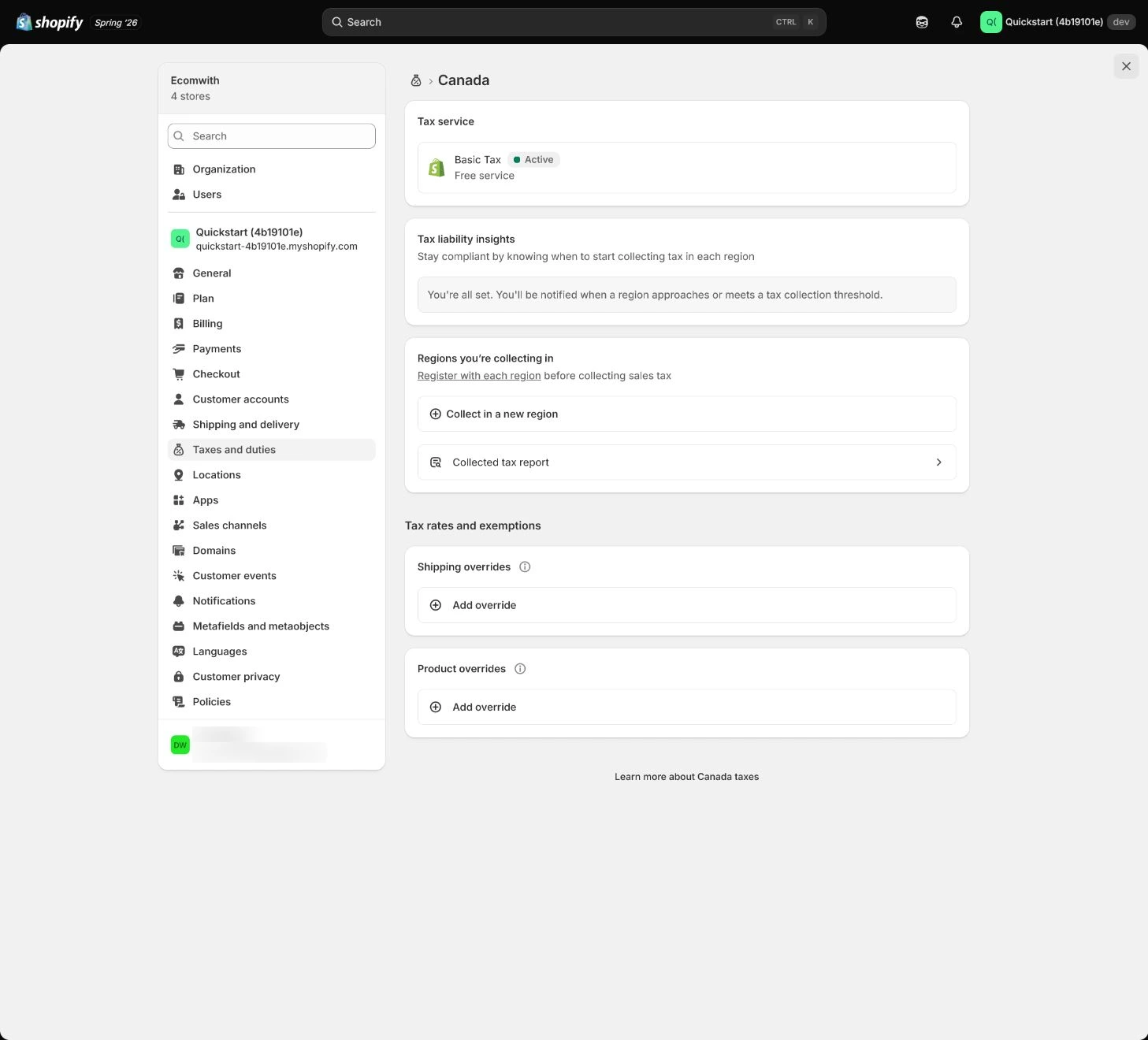 Shopify tax and duties price-display settings.