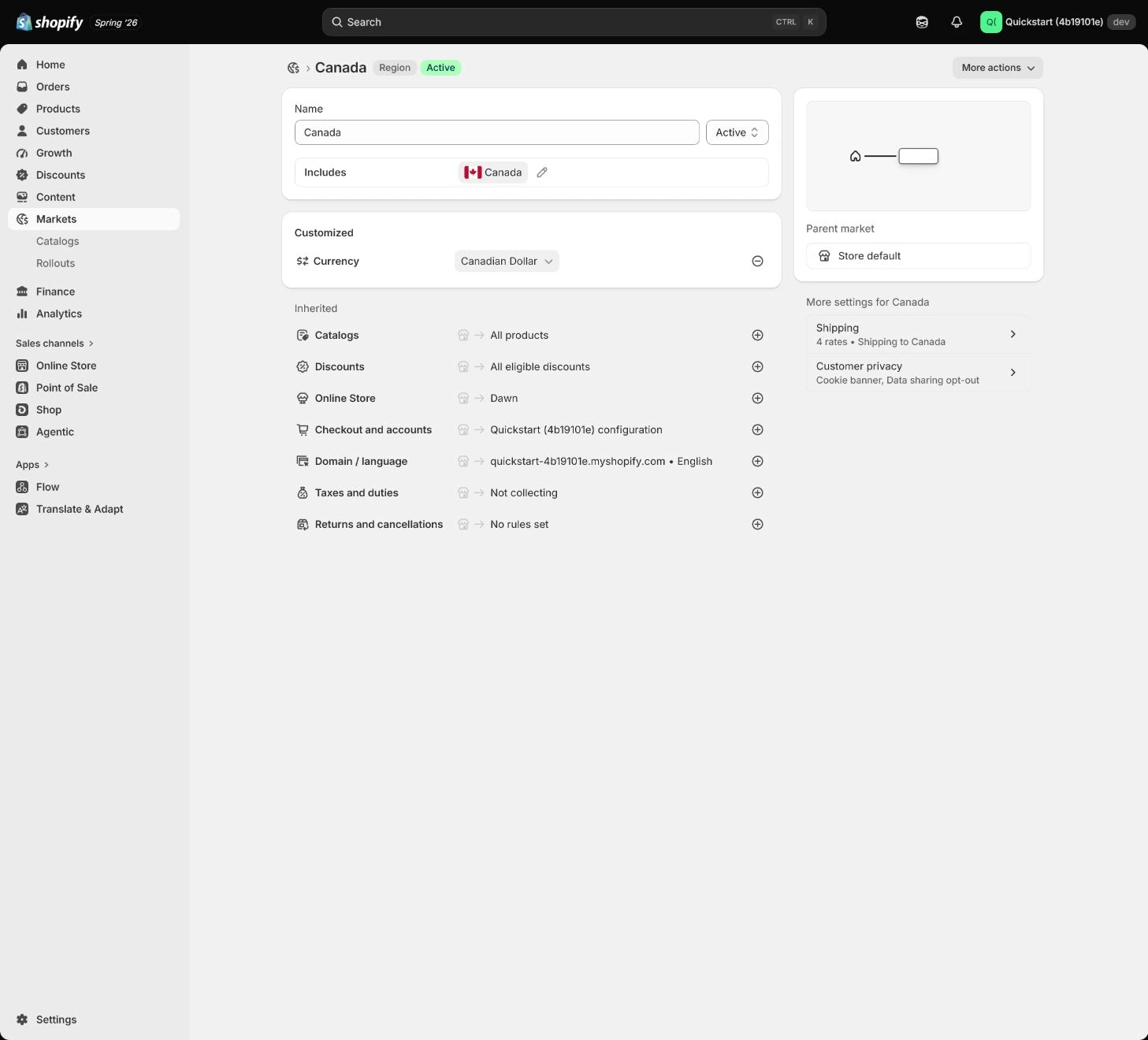 Shopify Markets Languages and translation publish state.