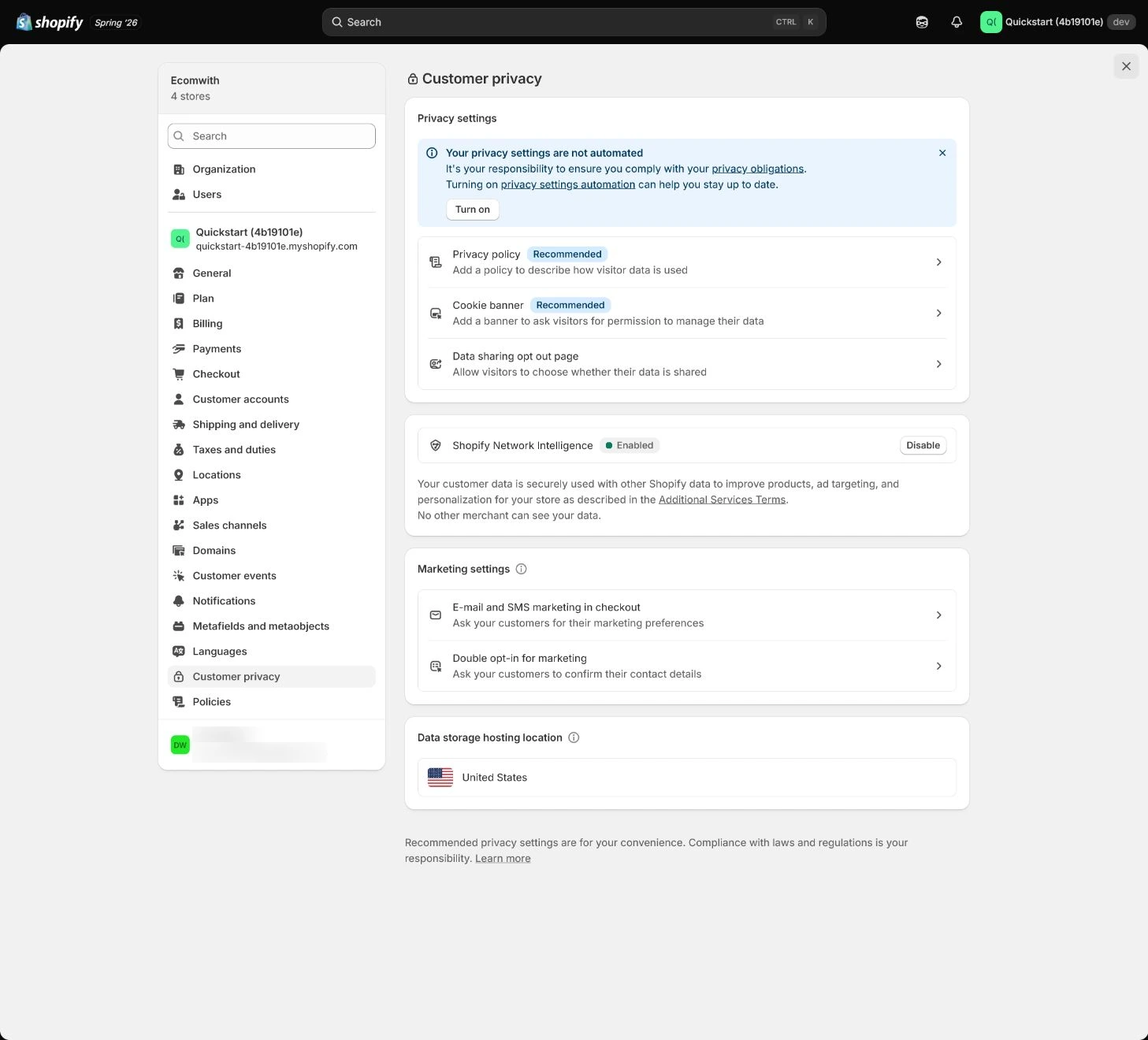 Shopify Customer privacy settings.