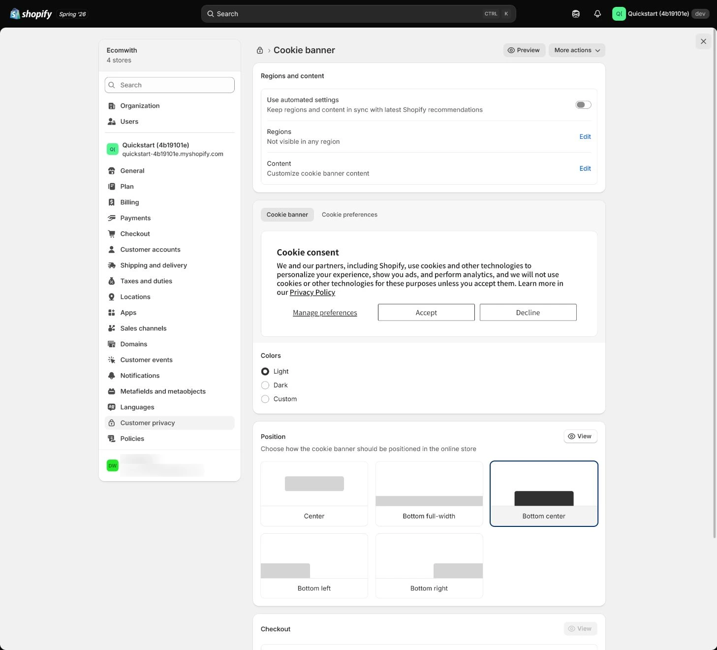 Shopify Cookie banner display and preferences.