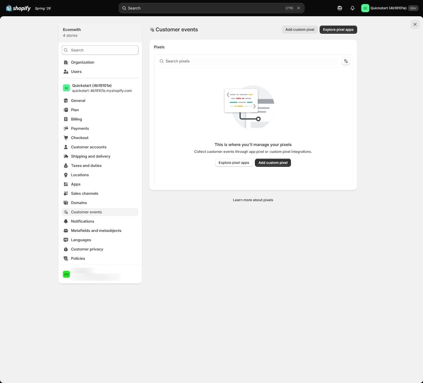 App pixels and custom pixels in Shopify Customer events.