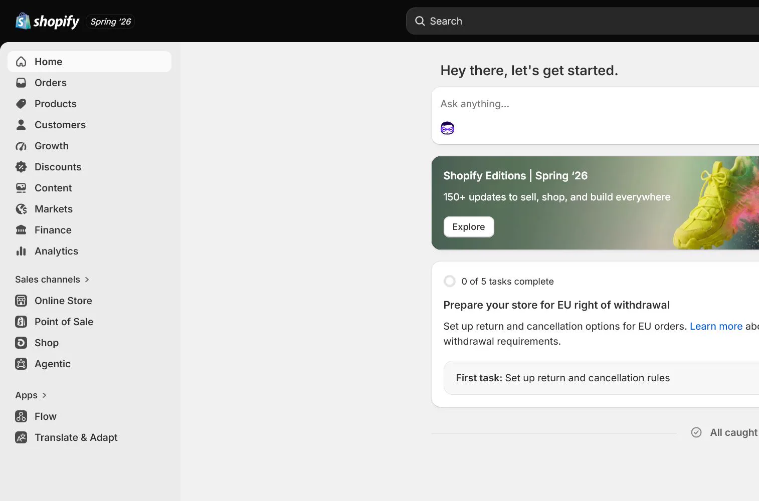 English Shopify admin: Shopify admin home and store switcher