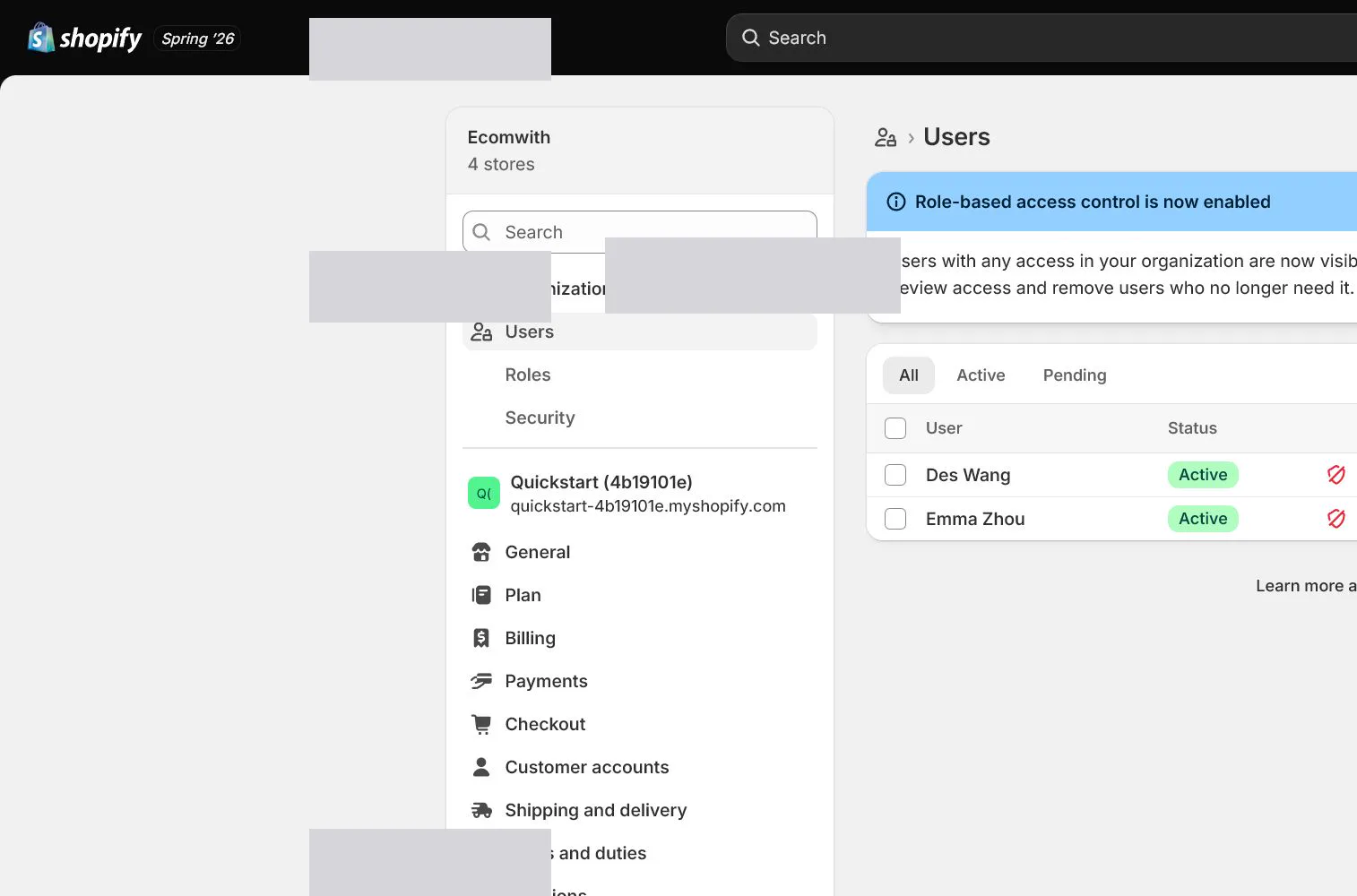 English Shopify admin: Users and owner identity area