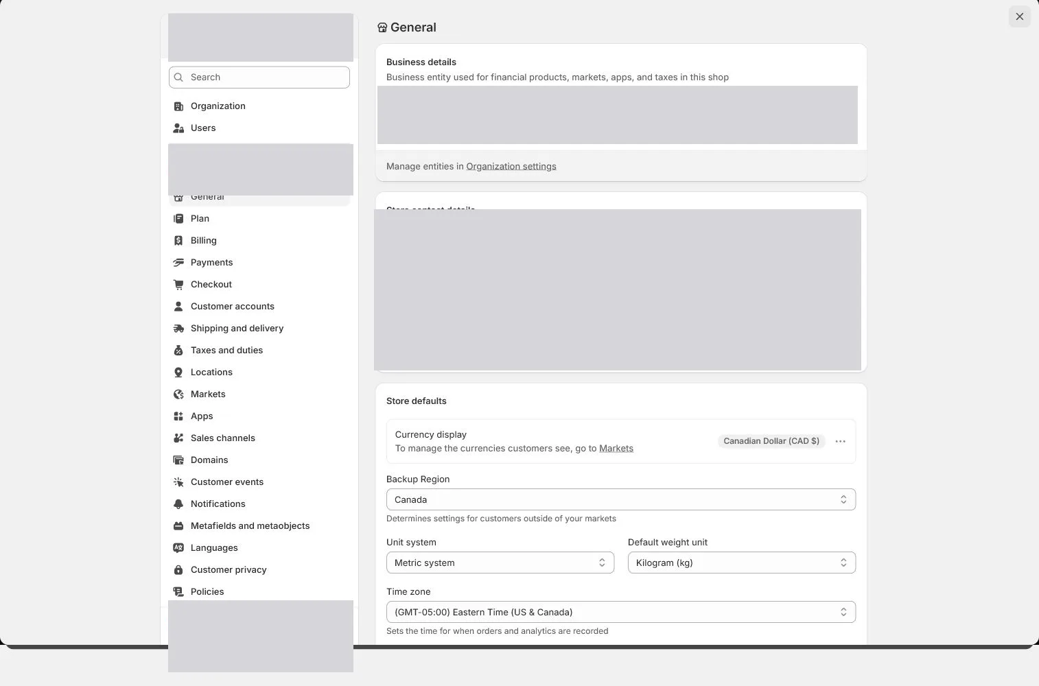 Shopify 英文后台：Settings > General 全页入口