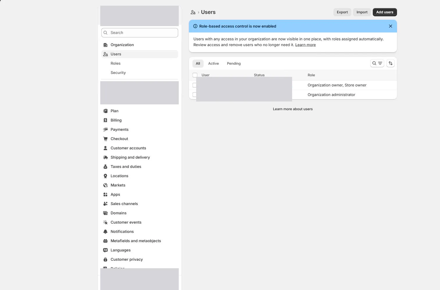 Shopify 英文后台：Settings > Users 列表