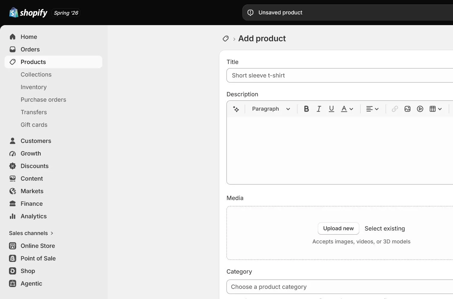 English Shopify admin: Products > Add product top section