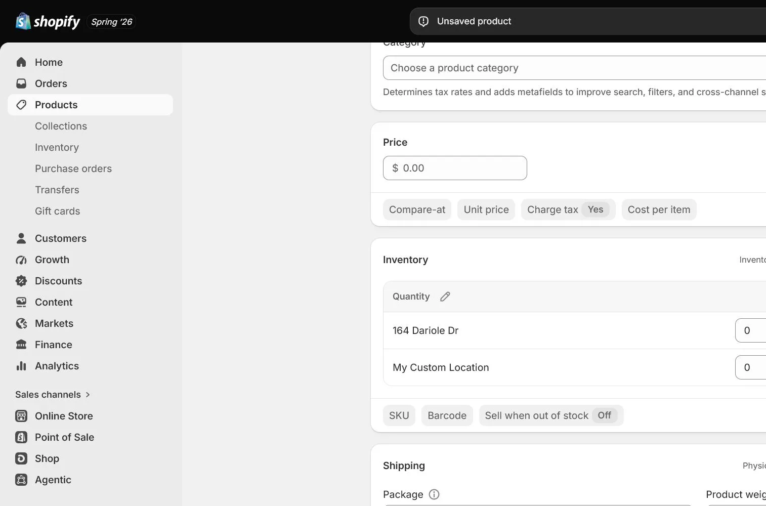 English Shopify admin: Pricing and Inventory