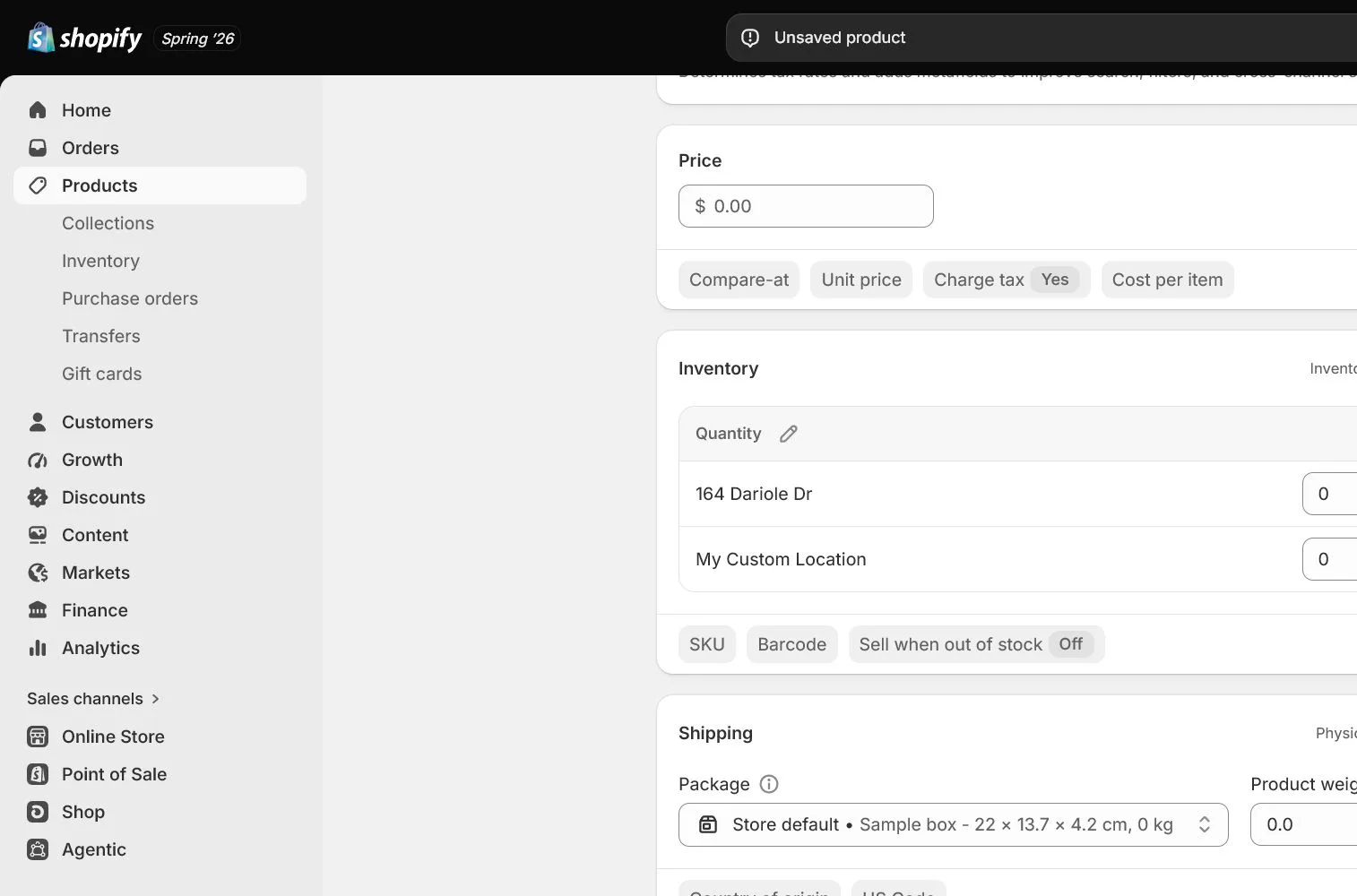 English Shopify admin: Variants editor