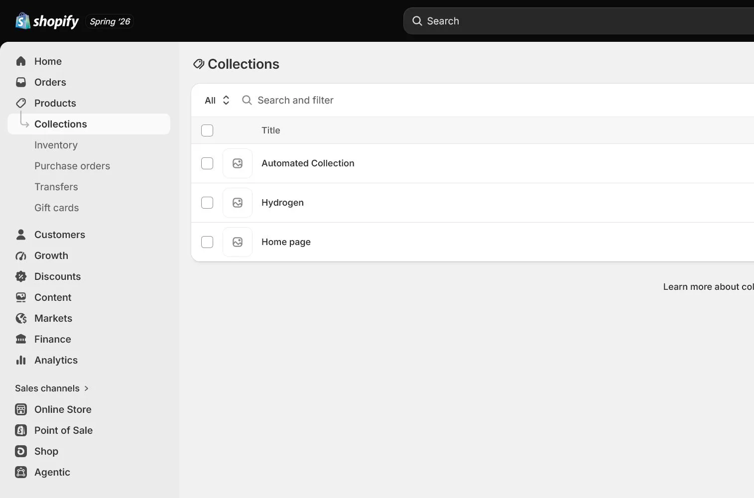 English Shopify admin: Products > Collections list