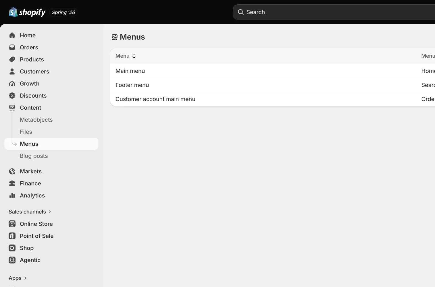 Shopify 英文后台：Content > Menus