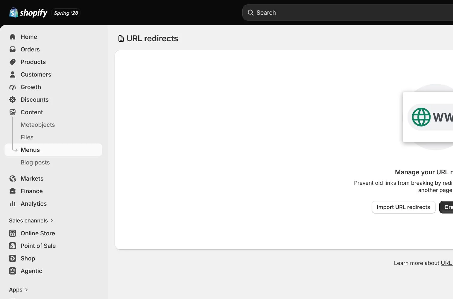 Shopify 英文后台：URL redirects 列表