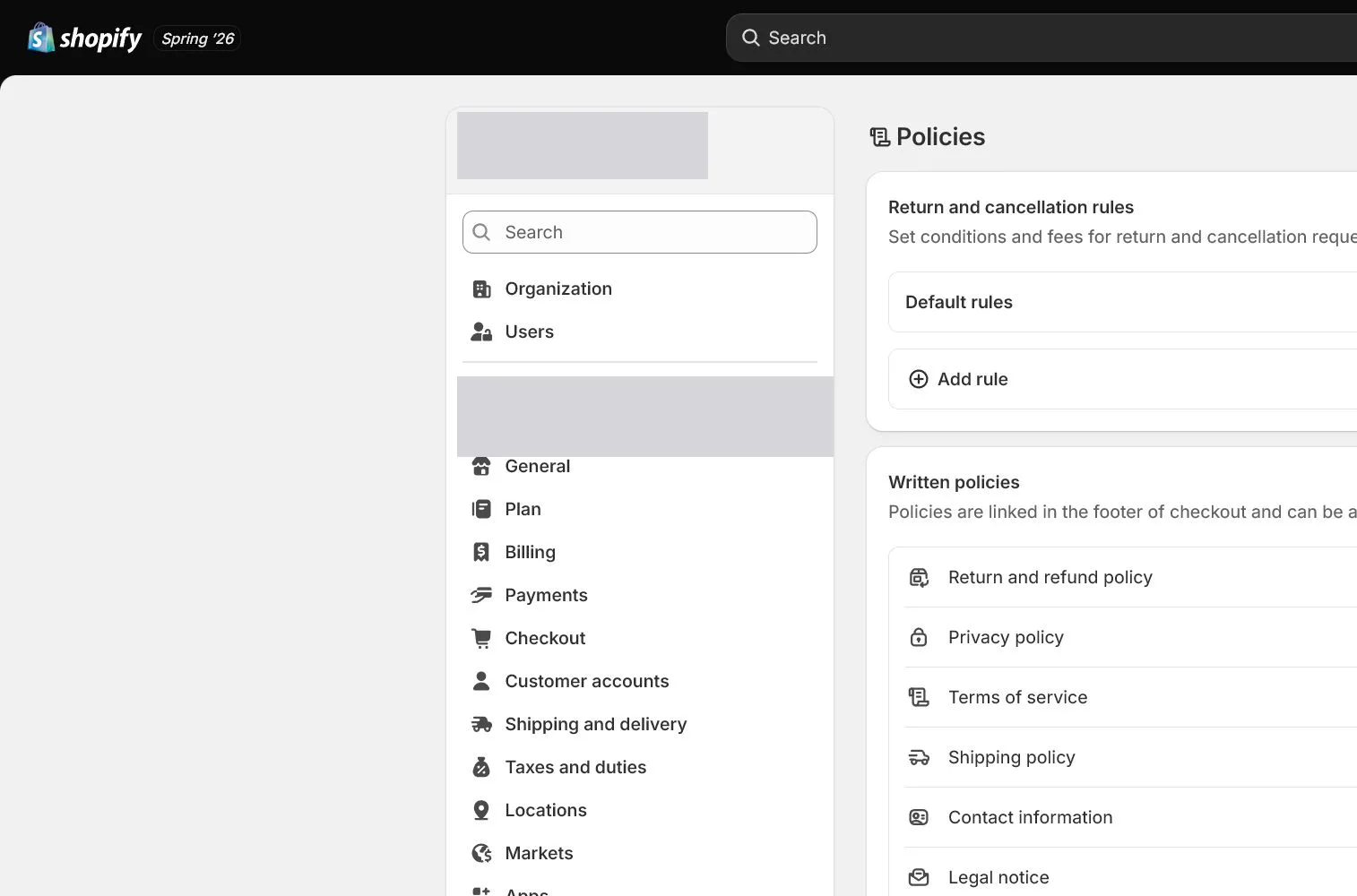 English Shopify admin: Settings > Policies