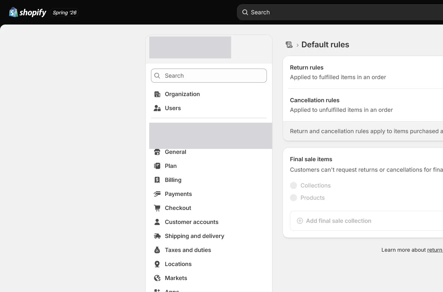 English Shopify admin: Return rules