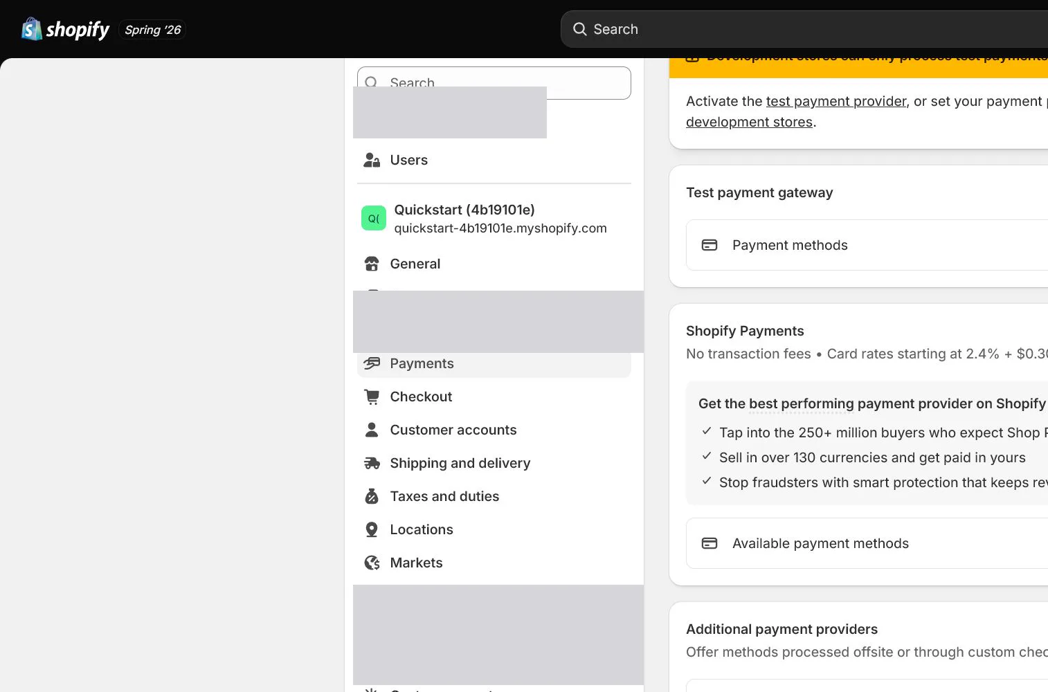 English Shopify admin: Test mode toggle