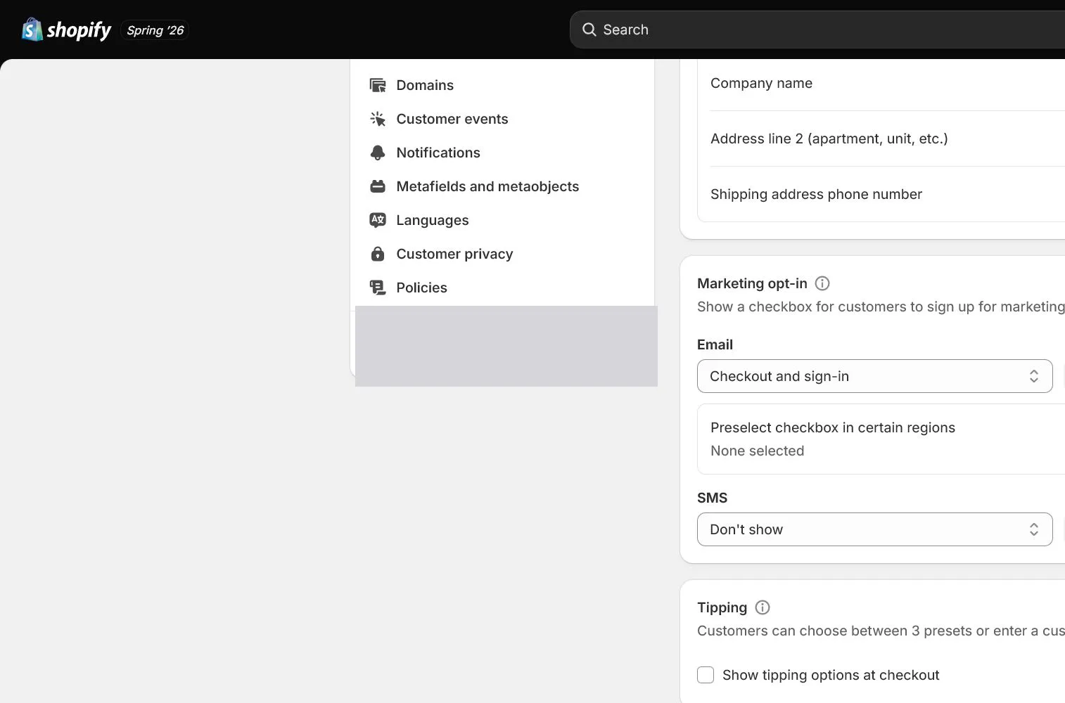 English Shopify admin: Customer information fields