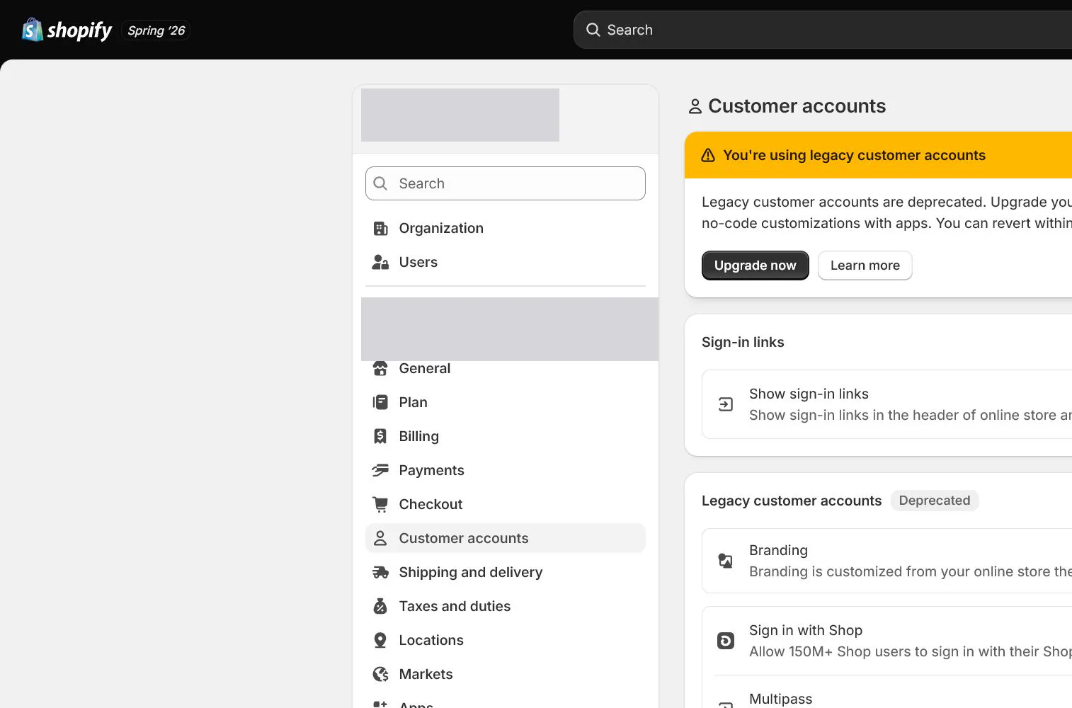 English Shopify admin: Settings > Customer accounts