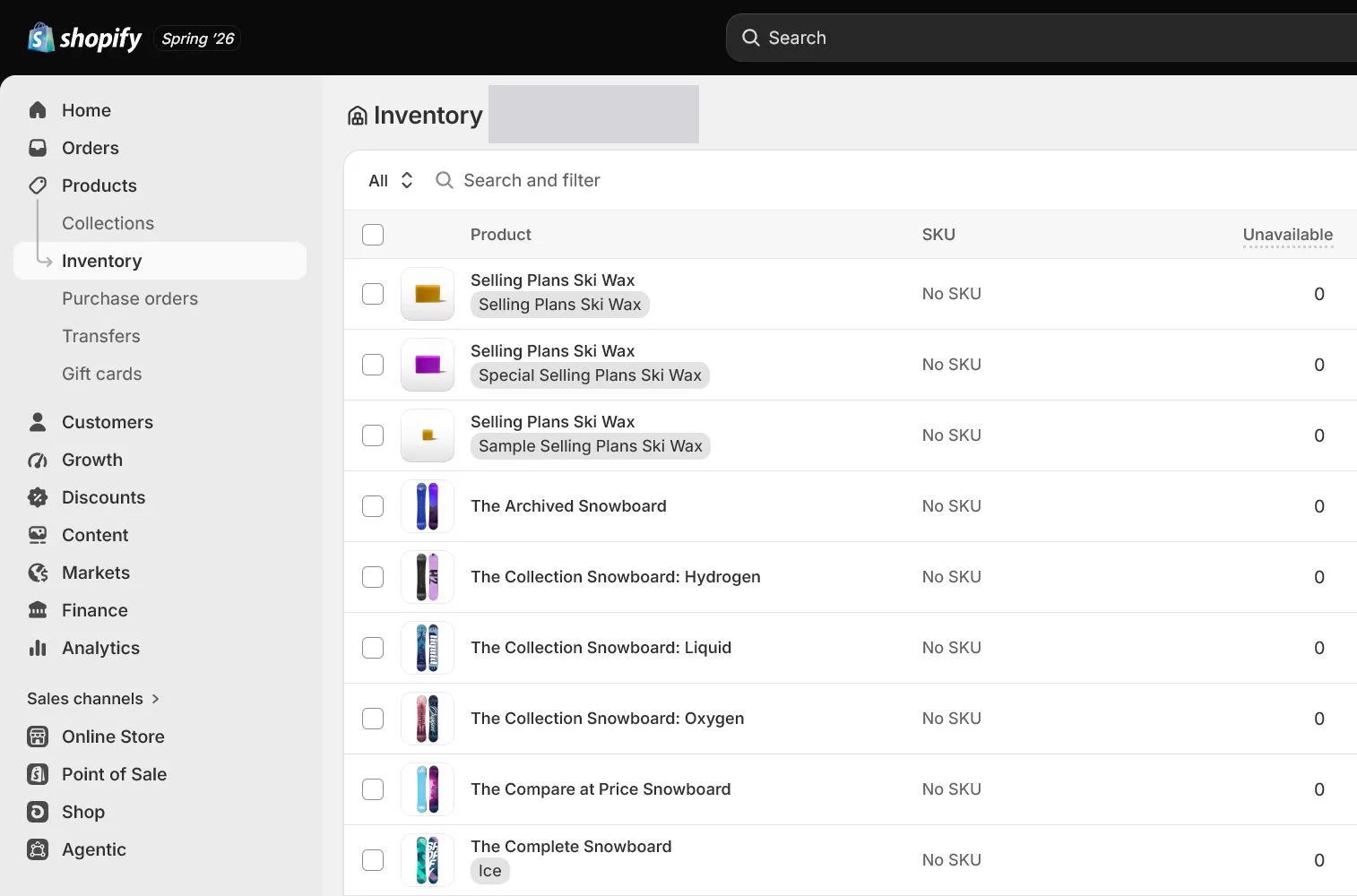 English Shopify admin: Products > Inventory