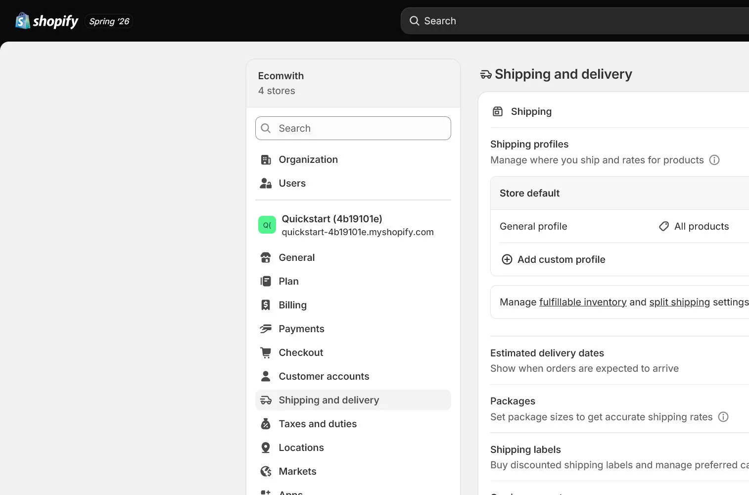 English Shopify admin: Settings > Shipping and delivery