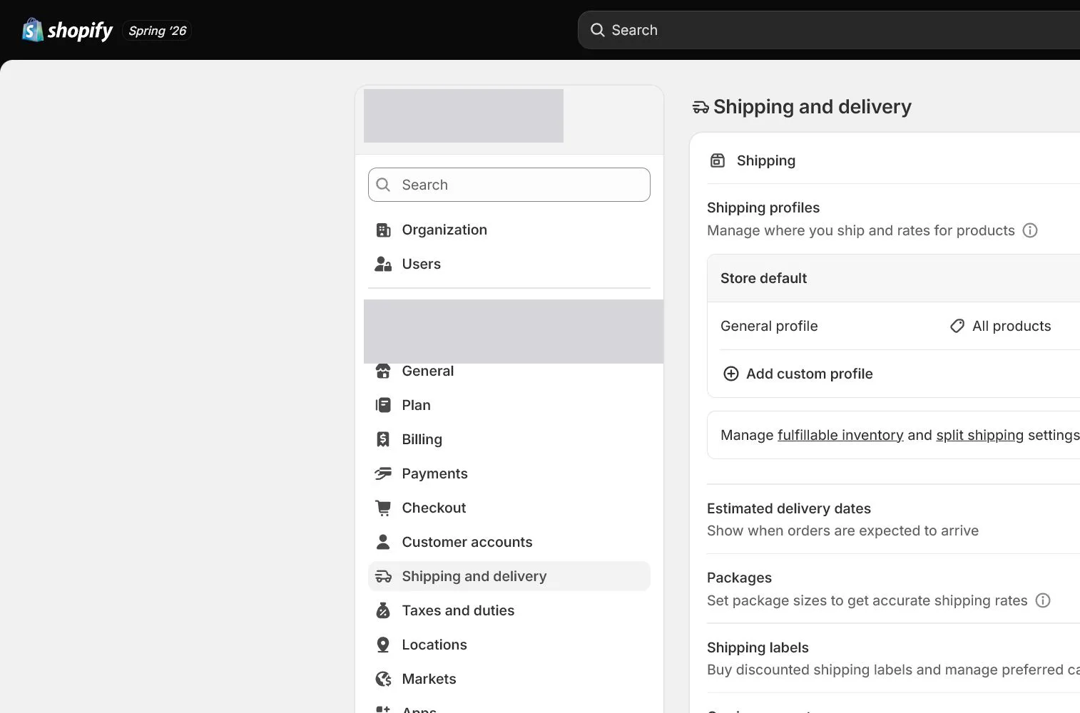 English Shopify admin: Packages