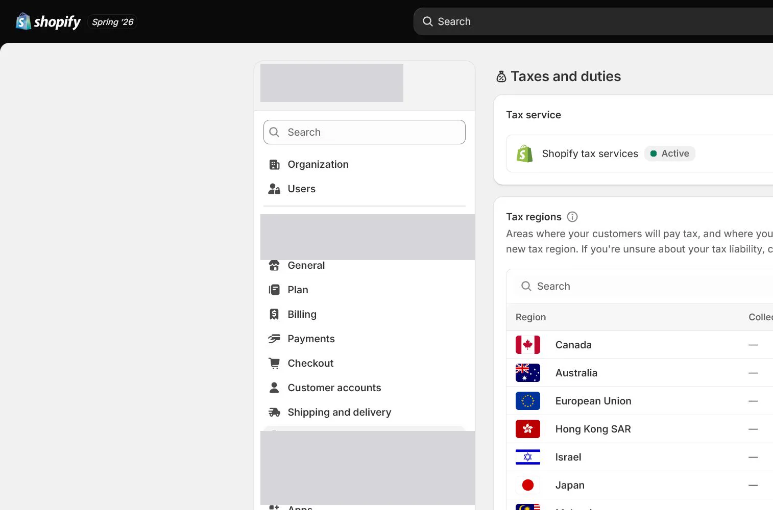 English Shopify admin: Settings > Taxes and duties