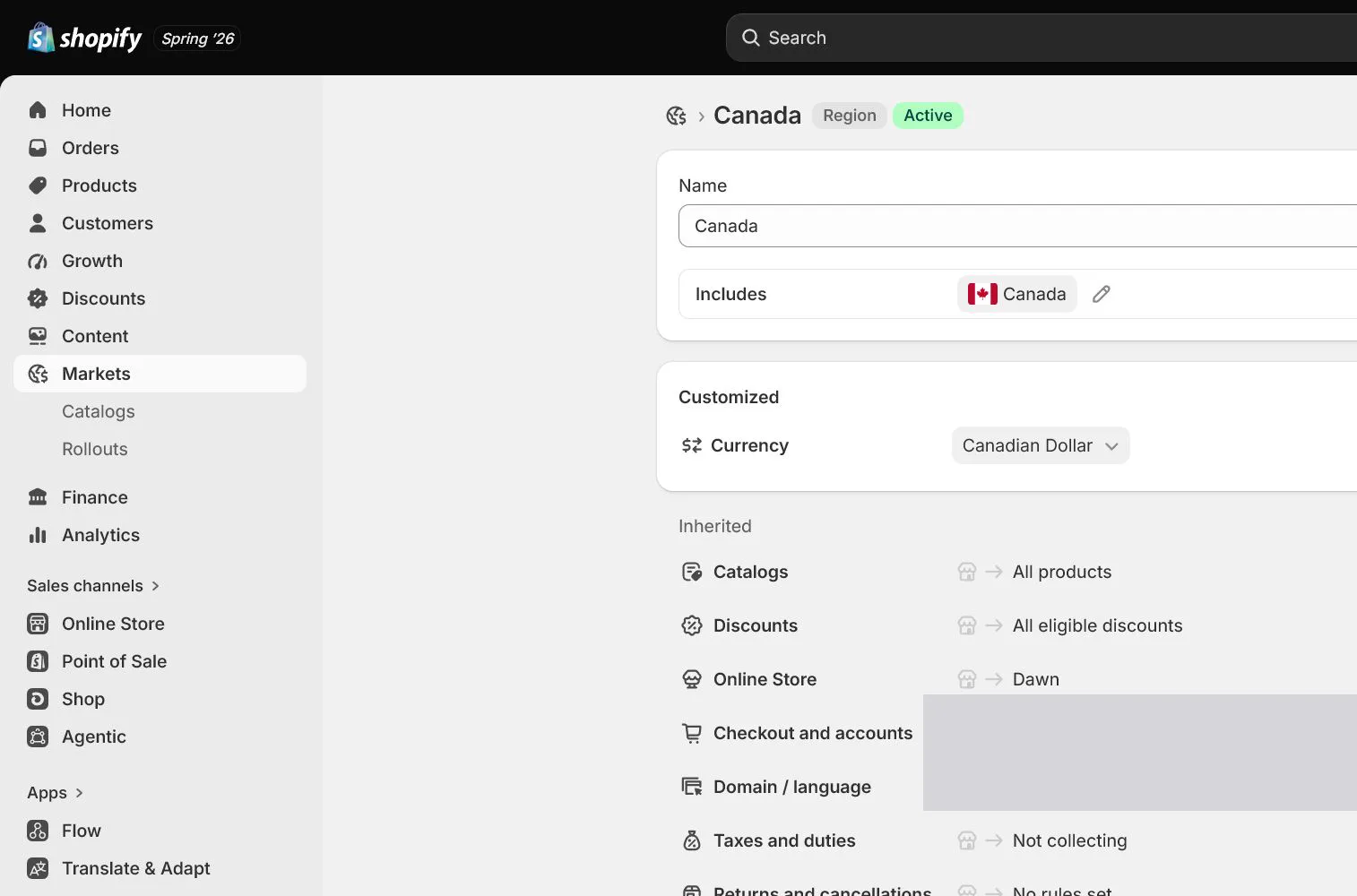 English Shopify admin: United States market details