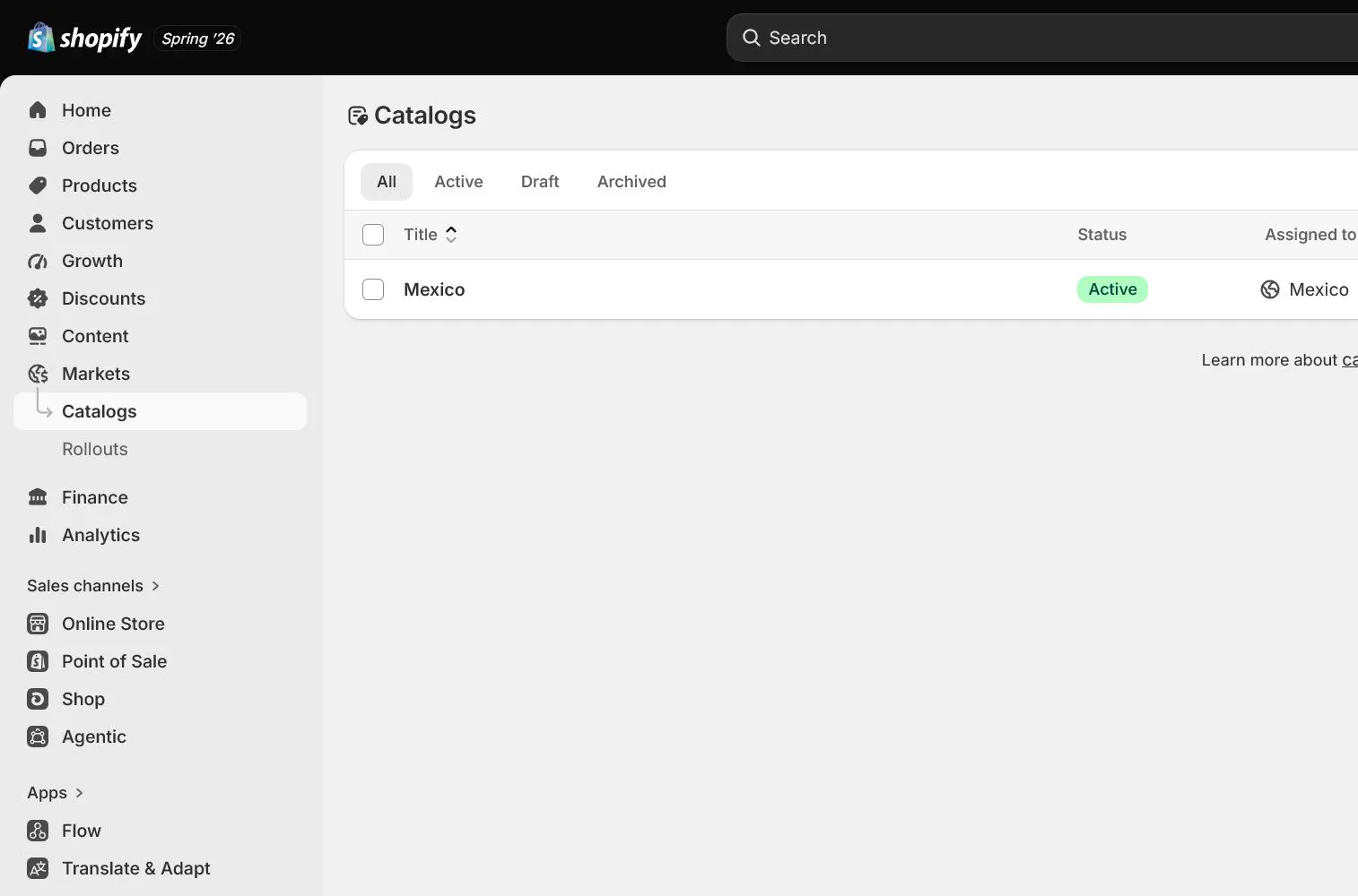 English Shopify admin: Catalog and product availability
