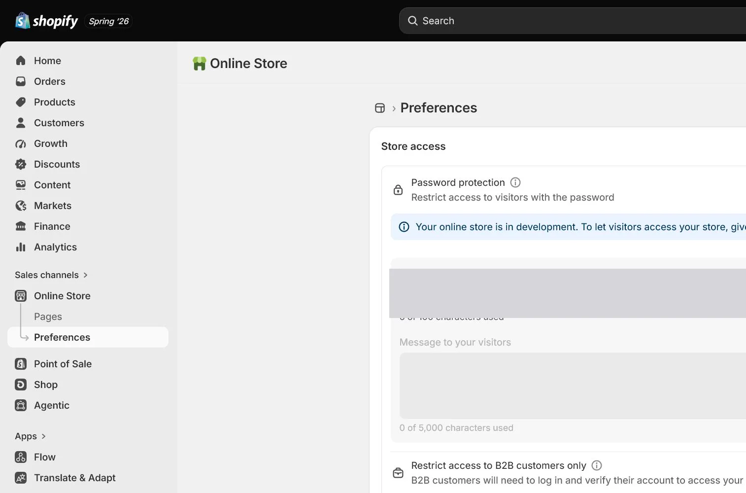 English Shopify admin: Online Store password protection